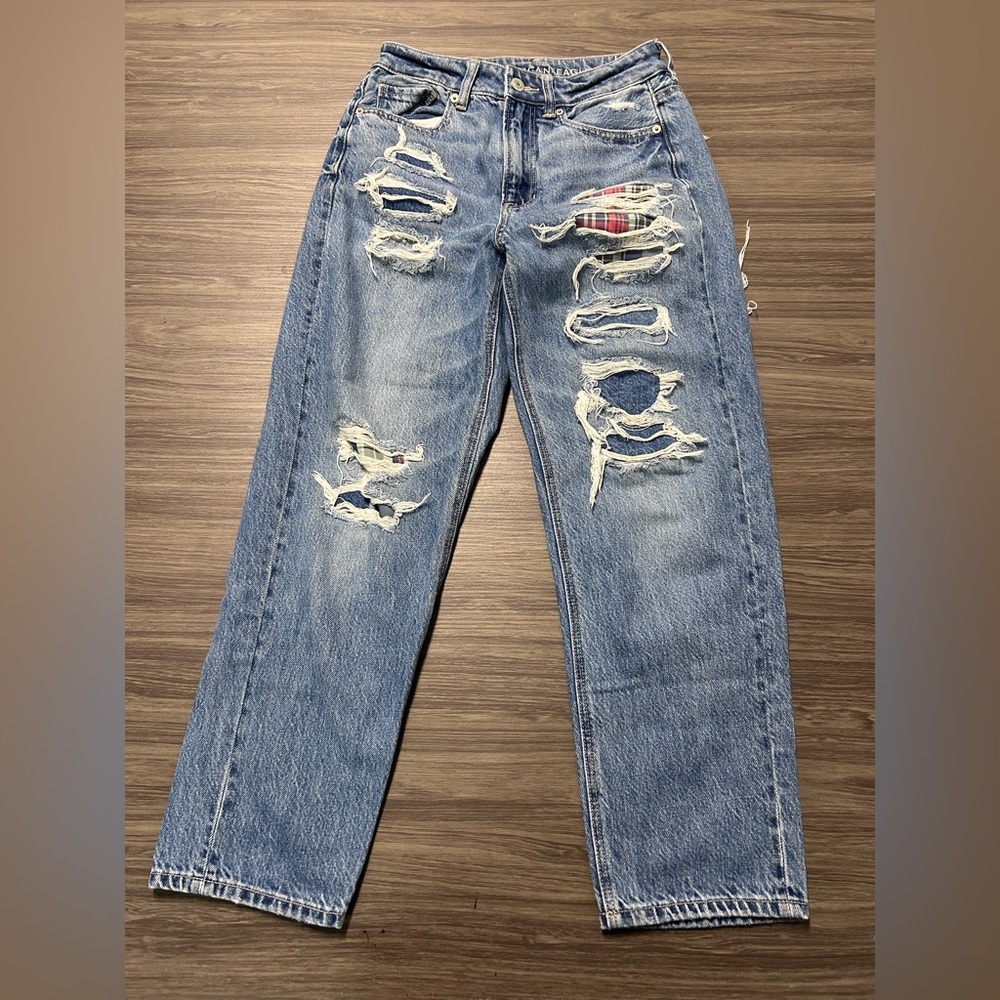 American Eagle Outfitters Blue Distressed Straight Leg Jeans